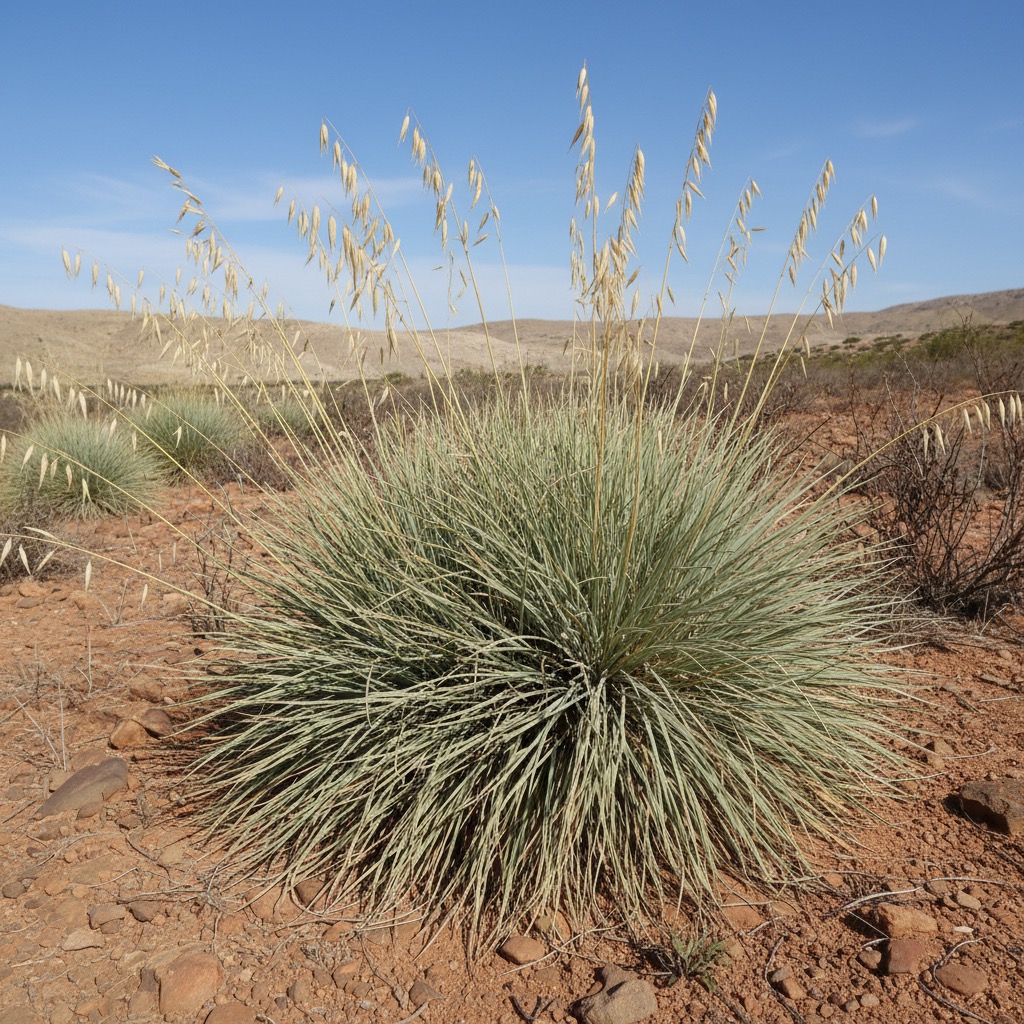 Una planta desértica de hojas delgadas y alargadas con espigas altas en un paisaje árido bajo un cielo azul.